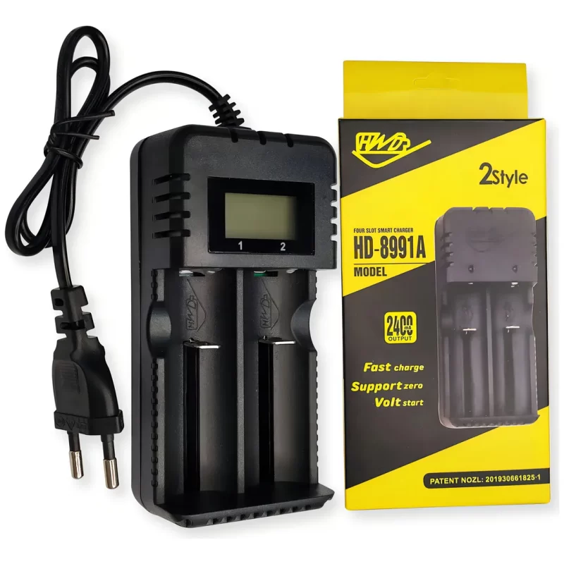 Carregador Duplo HWD3 com Visor de Carga Compatível com Baterias 14500 18650 e 26650
